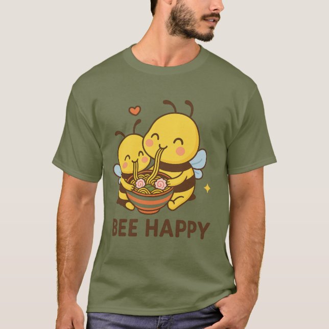 Bee Happy Sticker – Cute Bees Sharing Ramen" T-Shirt (Front)