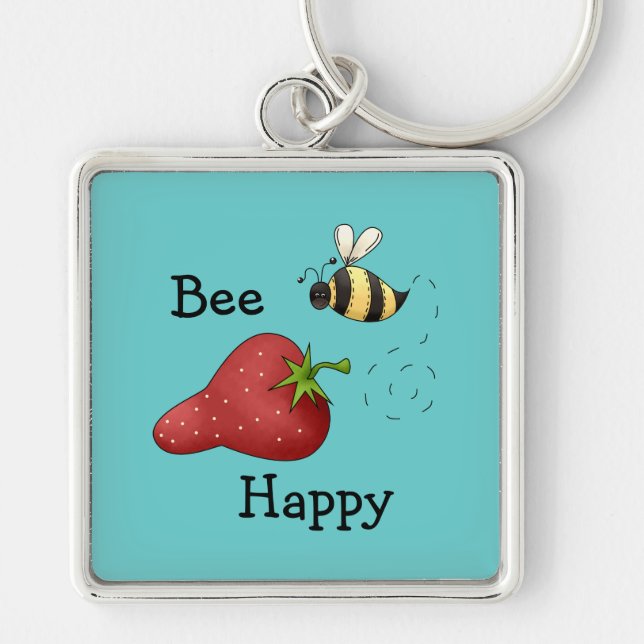 Bee Happy Strawberry Print Art Key Ring (Front)