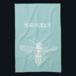 Bee Happy Tea Towel<br><div class="desc">bee happy inspirational happiness blue white simple</div>