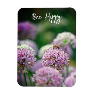 Bee Happy with Purple Allium Flower Motivational Magnet