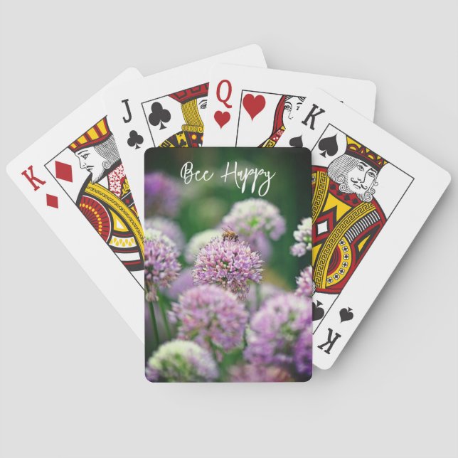 Bee Happy with Purple Allium Flower Motivational Playing Cards (Back)