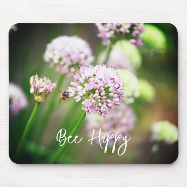 Bee Happy with Purple Diagonal Allium Flowers Mouse Pad (Front)