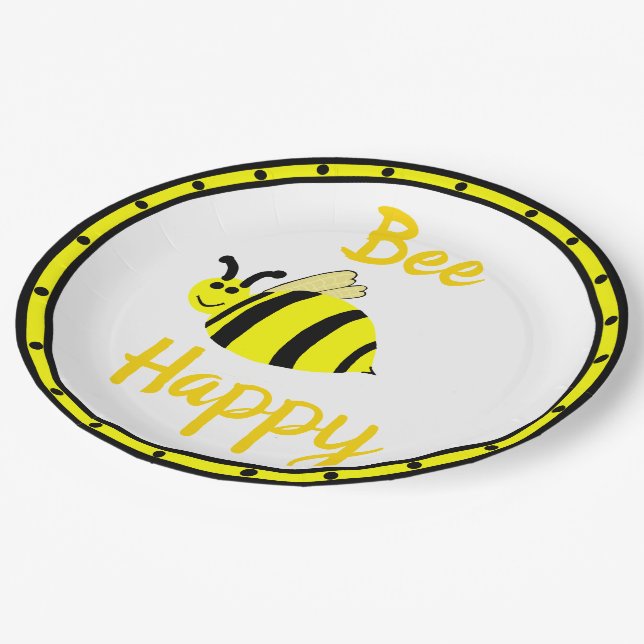 Bee Happy Yellow Bumble Bee Paper Plate (Angled)