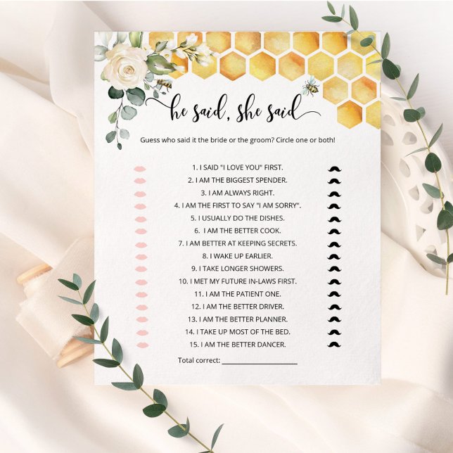 Bee He said she said bridal shower game (Creator Uploaded)