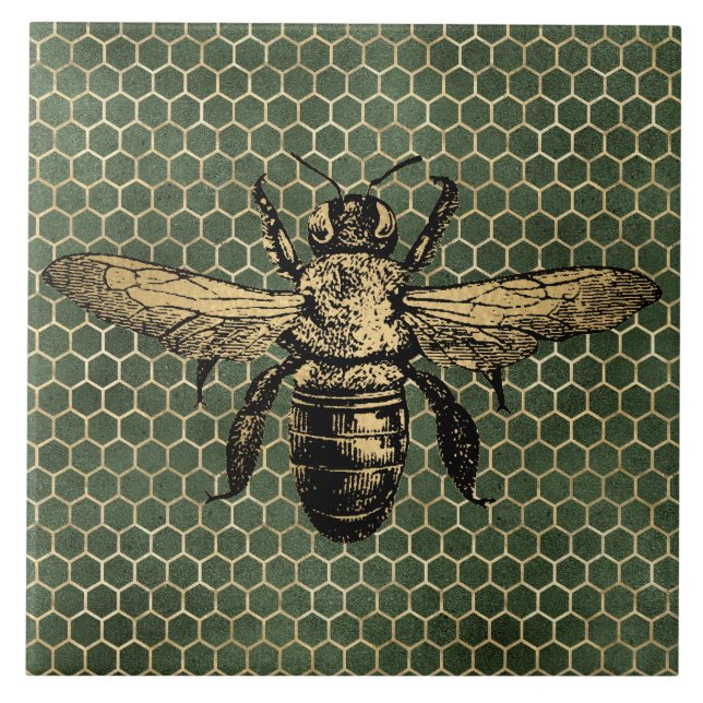 Bee Hive Rustic Gold Honeycomb Green Tile (Front)