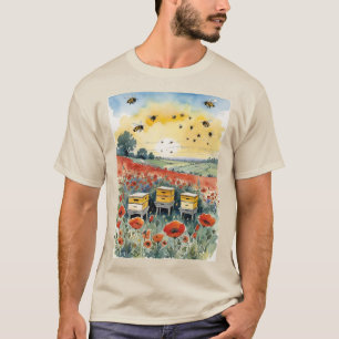 Bee Hives And Bees In A Poppy Field At Sunrise T-Shirt