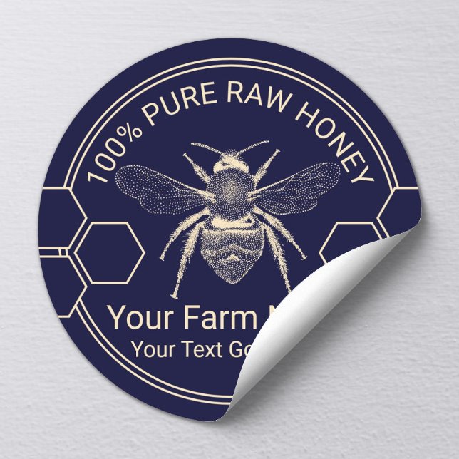 Bee Homemade Honey Jar Navy & Gold Beekeeper Farm Classic Round Sticker (Creator Uploaded)