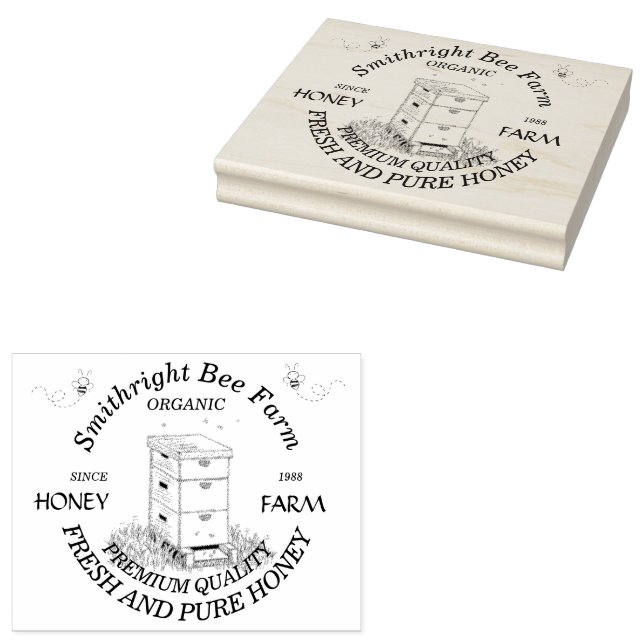 Bee Honey Farm With Hive Rubber Stamp (Stamped)