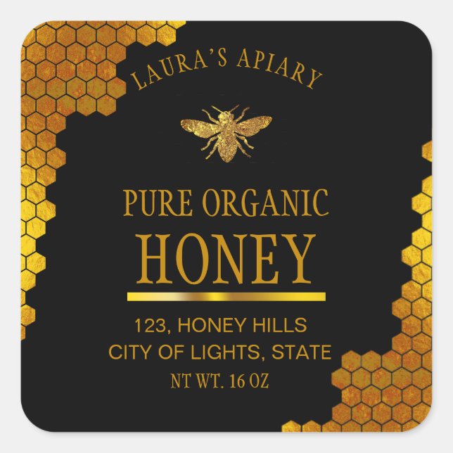 Bee Honey Jar Lid Product Label Apiary Honeycomb (Front)