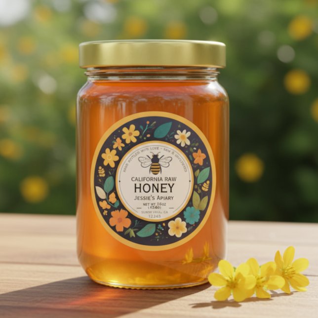 Bee Honey Jar Sticker Label - Dark Modern Floral (Personalized Customized Honey Label Homemade Beekeeping Jar Hunny Labels)