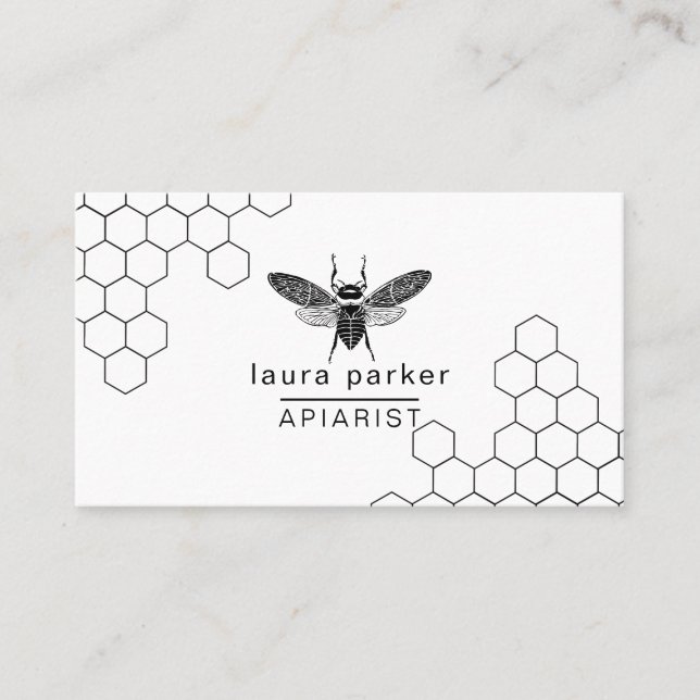 Bee Honey Seller Apiarist Black White Hexagon Business Card (Front)