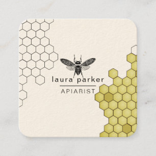 Bee Honey Seller Apiarist Black Yellow Hexagon Square Business Card