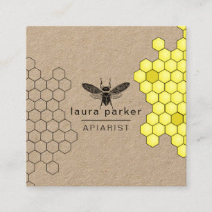 Bee Honey Seller Apiarist Black Yellow Hexagon Square Business Card