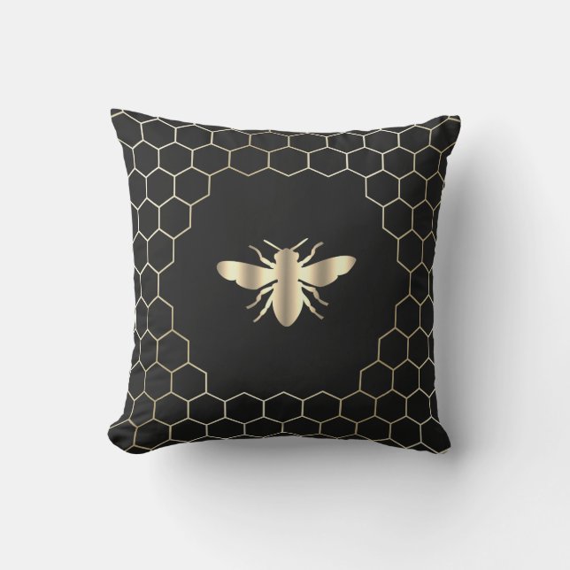 bee honeycomb hexagons design on black cushion (Front)