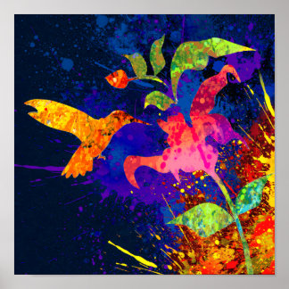 Bee hummingbird & Flowers Splash Painting Poster