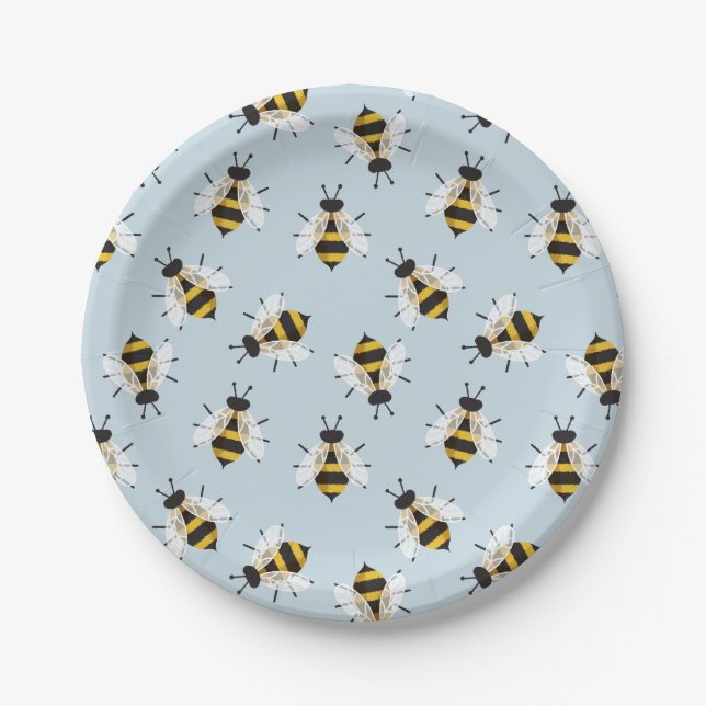 Bee Illustration Blue Patterned Paper Plate (Front)