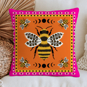Bee Illustrations on Burnt Orange Elegant Floral Cushion