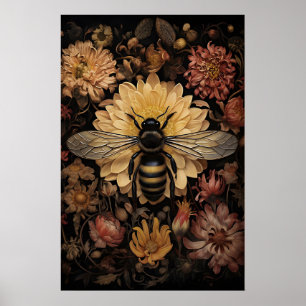 Bee In Dark Flower, Wild Moody Bumlebee Print