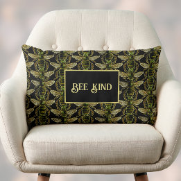 Bee Kind Elegant Gold and Black Bee Pattern Lumbar Cushion