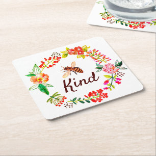 Bee kind floral square paper coaster