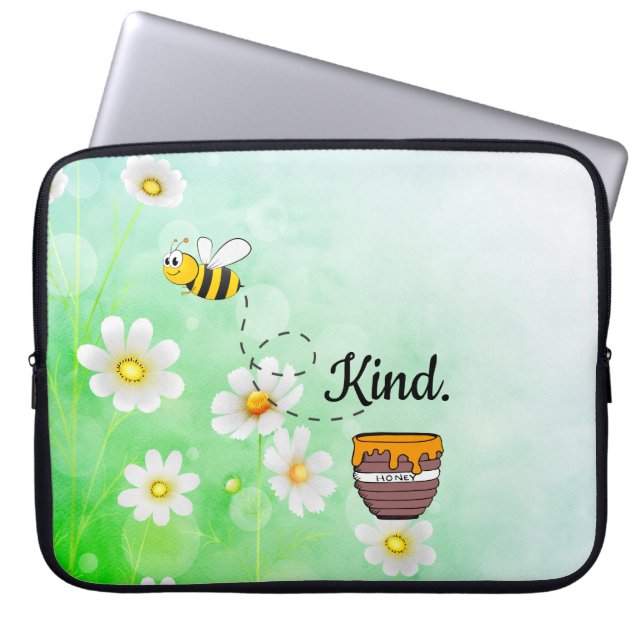 Bee Kind Honey Floral Cute Bee Positive Quote Laptop Sleeve (Front)