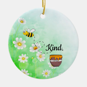 Bee kind honey floral green insect cartoon text ceramic tree decoration