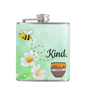 Bee Kind Honey floral green insect cartoon text Hip Flask