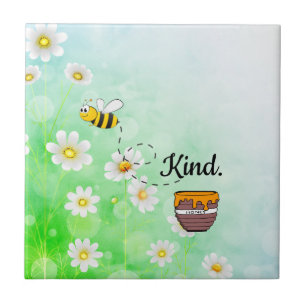 Bee kind honey floral green insect cartoon text tile