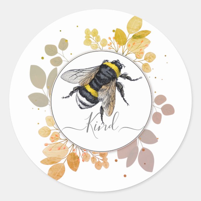 Bee Kind With Greenery Classic Round Sticker (Front)