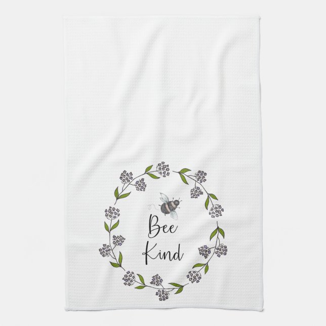Bee Kind Wreath Purple Flowers Tea Towel (Vertical)