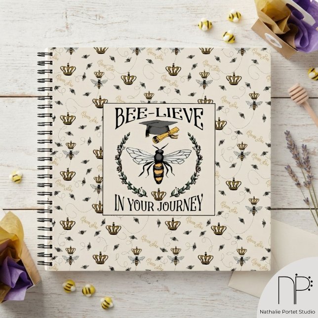 Bee-lieve in Your Journey Graduate Keepsake Notebook (Hand-drawn cream vintage queen bee crown graduation cap photo keepsake notebook graduation gift)