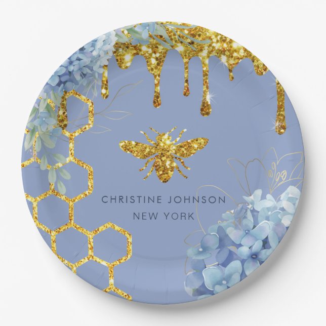 bee logo and blue hydrangea  paper plate (Front)