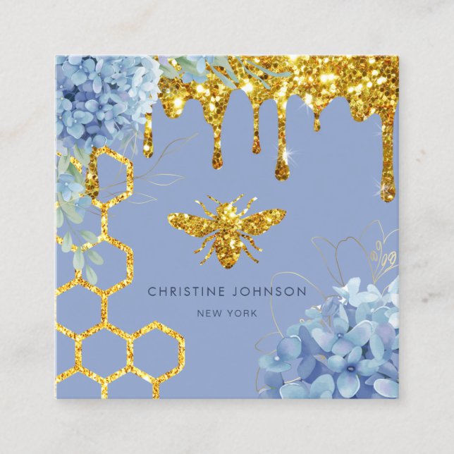 bee logo and blue hydrangea square business card (Front)