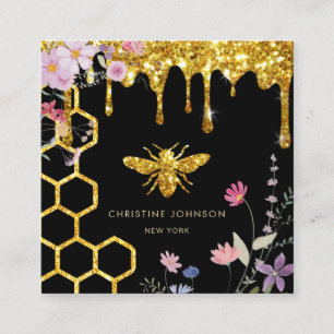 bee logo and wildflowers square business card