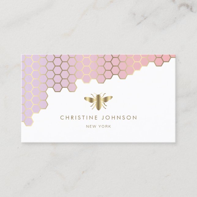 bee logo honeycomb gradient blush pink business card (Front)