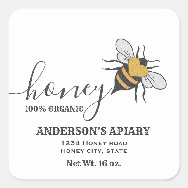 Bee logo script honey jar label (Front)
