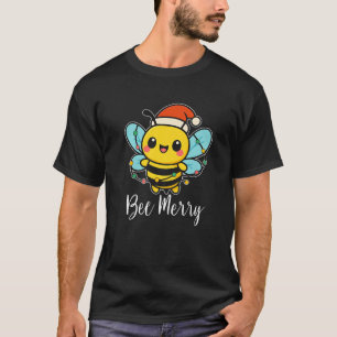 Bee Merry Christmas Bee Wears Santa Hat Xmas Light T-Shirt