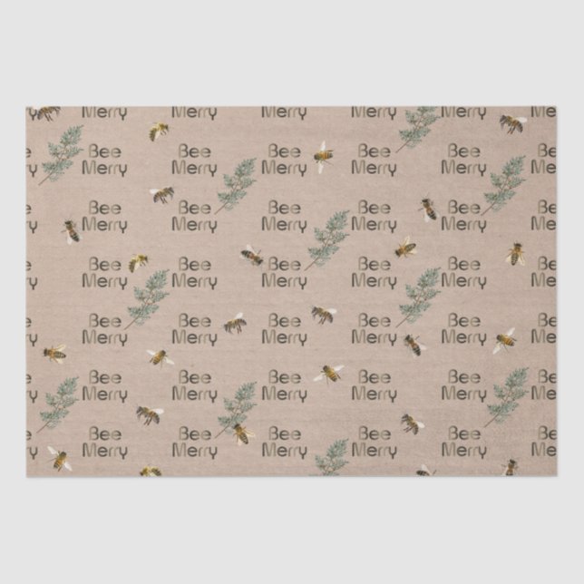 Bee Merry Evergreen Kraft Holiday Christmas Tissue Paper (Front)