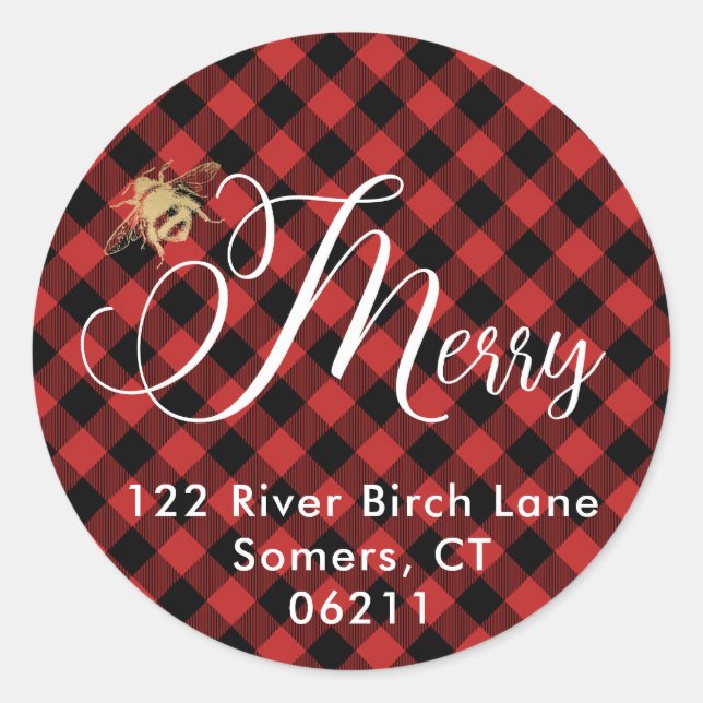 Bee Merry, Green Buffalo Check Holiday Address Classic Round Sticker (Front)