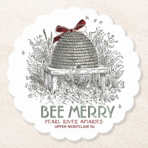 Bee Merry Holiday Coaster with Skep and Red Bow