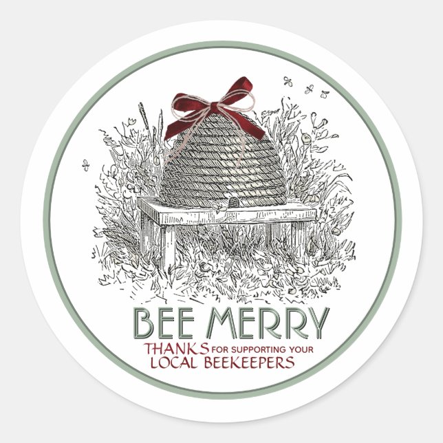 Bee Merry Holiday Honey Skep with Red Bow Sticker (Front)