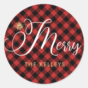 Bee Merry, Red Buffalo Check Round Gift Sticker