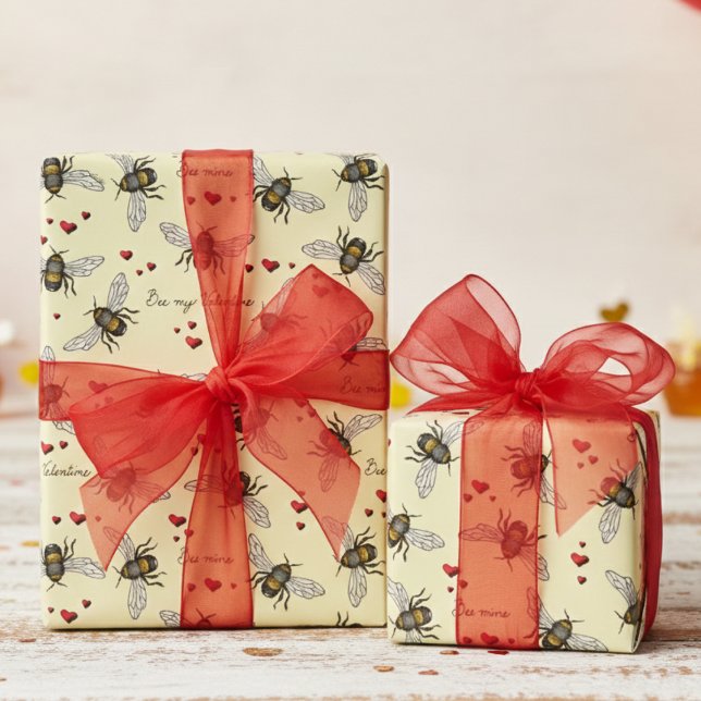 Bee Mine Be My Valentine Bees and Hearts Yellow Wrapping Paper (Elegant Insect Bee My Valentine Valentine's Day Wrapping Paper. Modern Bees & Red Heart Pattern)