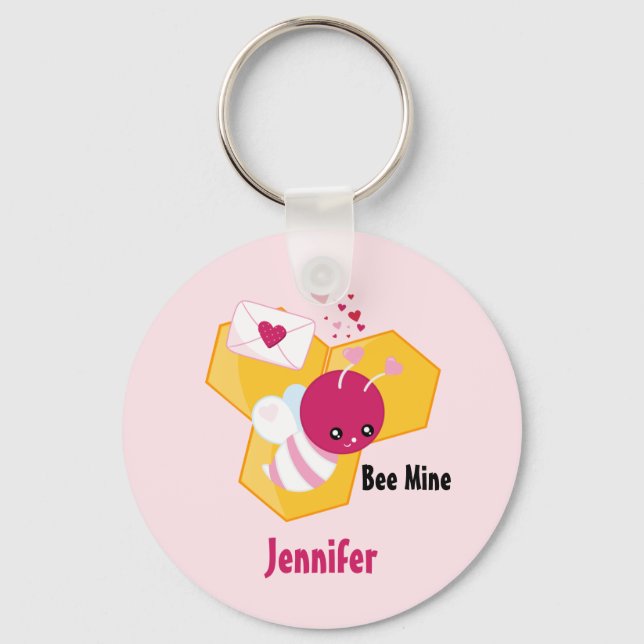 Bee Mine Cute Bee with Pink Valentine Hearts Key Ring (Front)