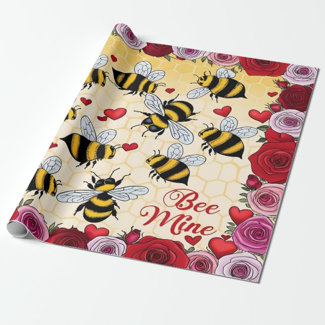 Bee Mine Floral Love Frame Wrapping Paper (Unrolled)