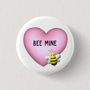 Bee Mine Fuzzy Bumblebee with Pink Puffy Heart  3 Cm Round Badge