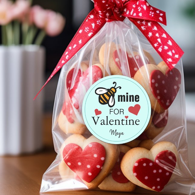 Bee Mine Valentine Favor Classic Round Sticker (Bee Mine Valentine Favor Name Classic Round Sticker)