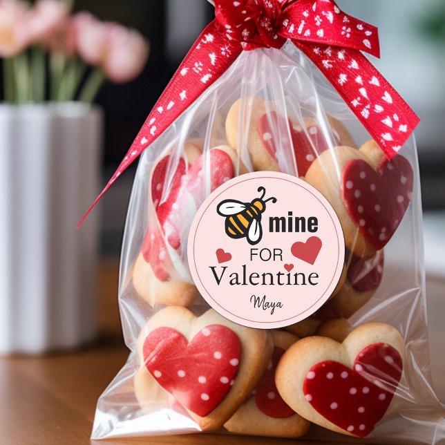 Bee Mine Valentine Favour Classic Round Sticker (Bee Mine Valentine Favor Name Classic Round Sticker)