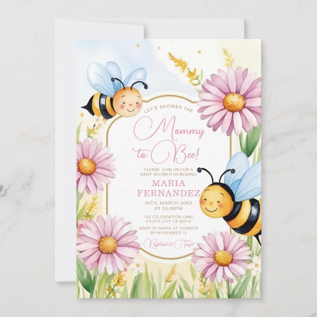 Bee Mummy to Bee Baby Shower Pink Sunflowers  Invitation (Front)