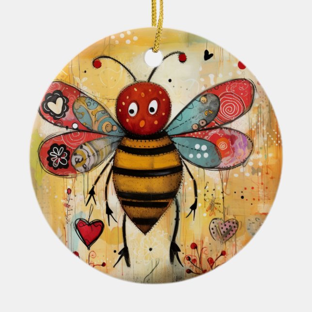 Bee My Valentine Hearts  Ceramic Tree Decoration (Front)